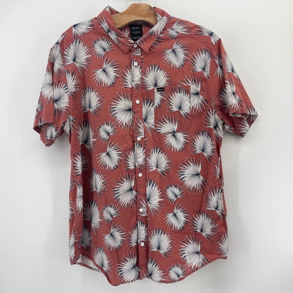 RVCA Shirt Mens XXL Slim Fit Palm Leaf Print Cotton Viscose Rust Orange Floral